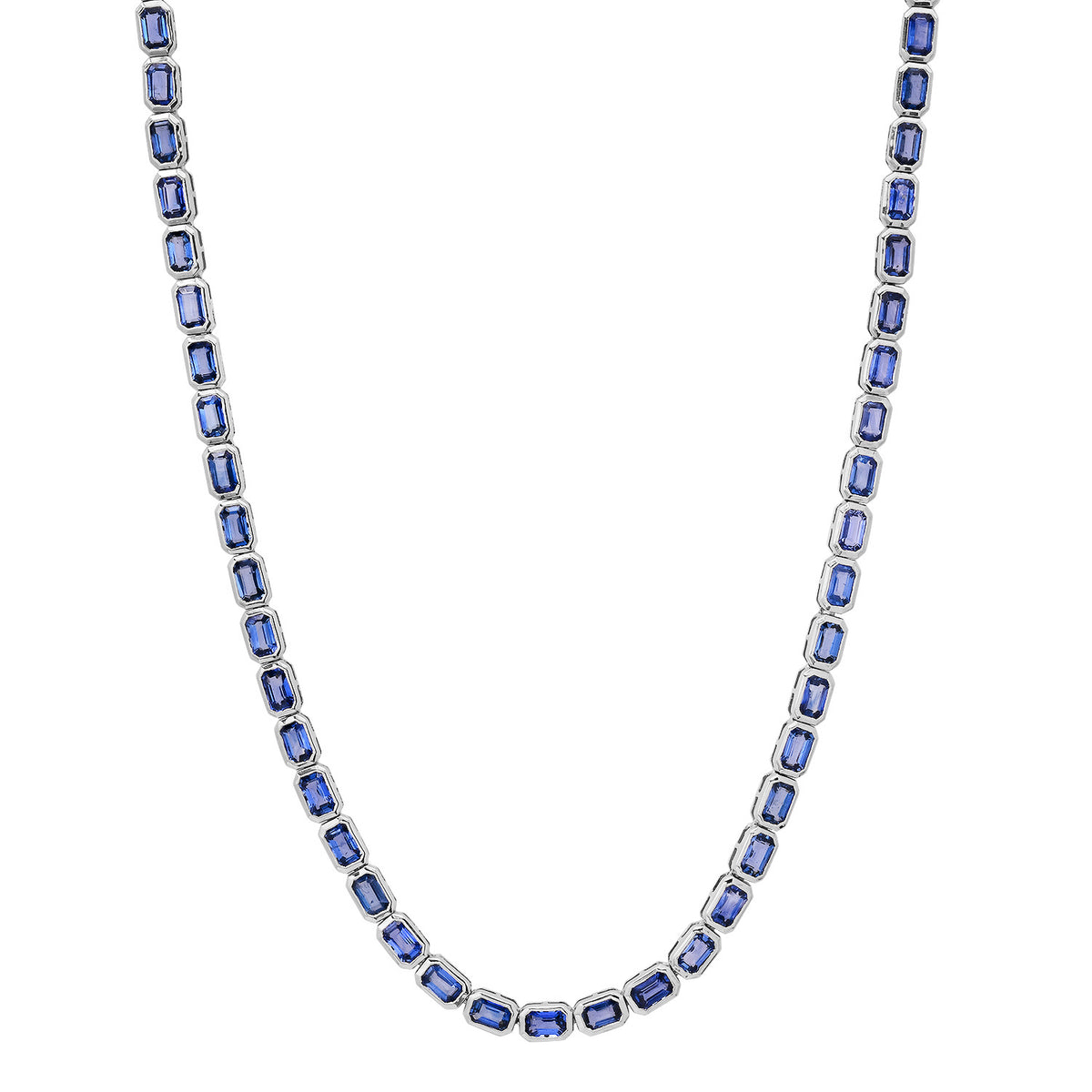 East West Emerald Cut Blue Sapphire Bezel Tennis Necklace