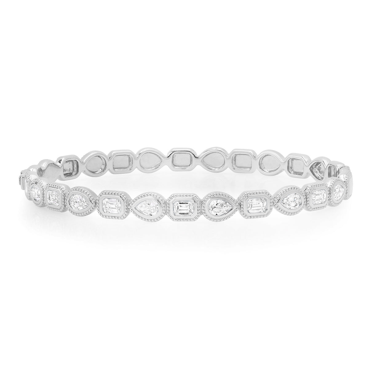 Bezel Set Textured Pear & Emerald Cut Diamond Bangle Bracelet