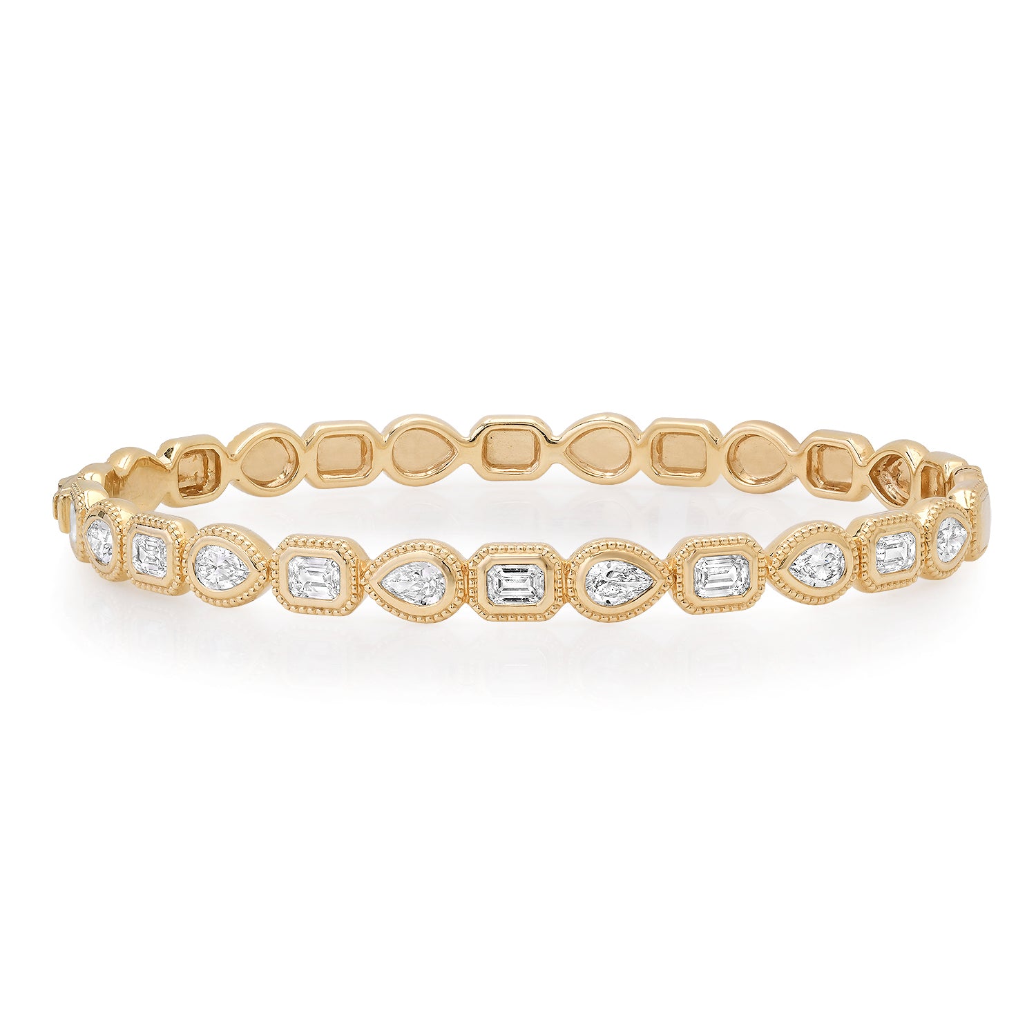 Bezel Set Textured Pear & Emerald Cut Diamond Bangle Bracelet 