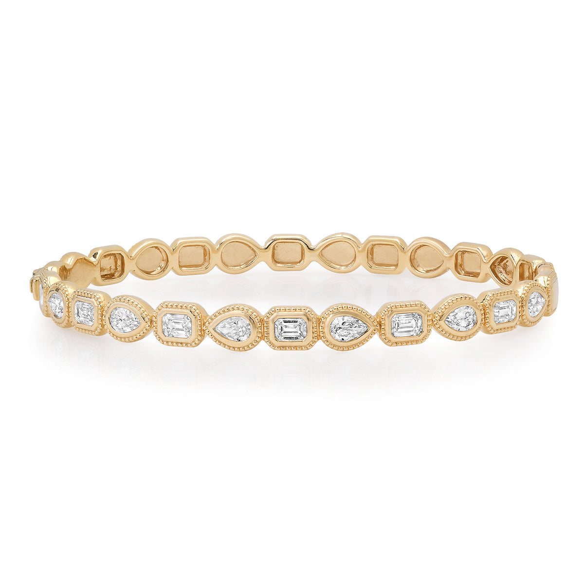 Bezel Set Textured Pear & Emerald Cut Diamond Bangle Bracelet 