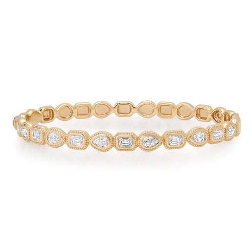 Bezel Set Textured Pear & Emerald Cut Diamond Bangle Bracelet 