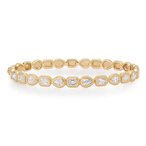 Bezel Set Textured Pear & Emerald Cut Diamond Bangle Bracelet 