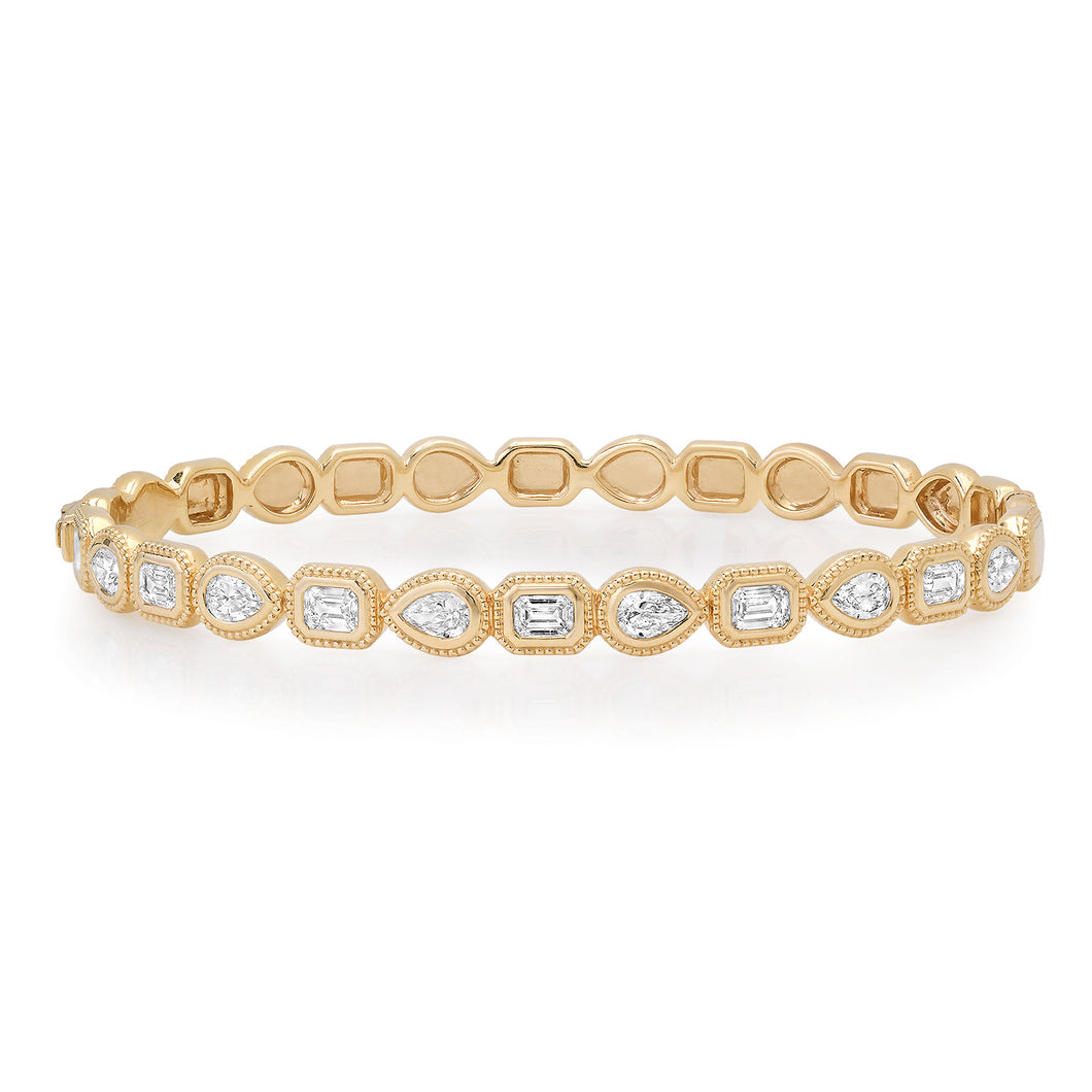 Bezel Set Textured Pear & Emerald Cut Diamond Bangle Bracelet 
