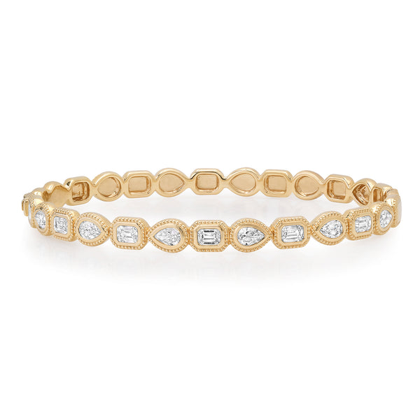 Bezel Set Textured Pear & Emerald Cut Diamond Bangle Bracelet