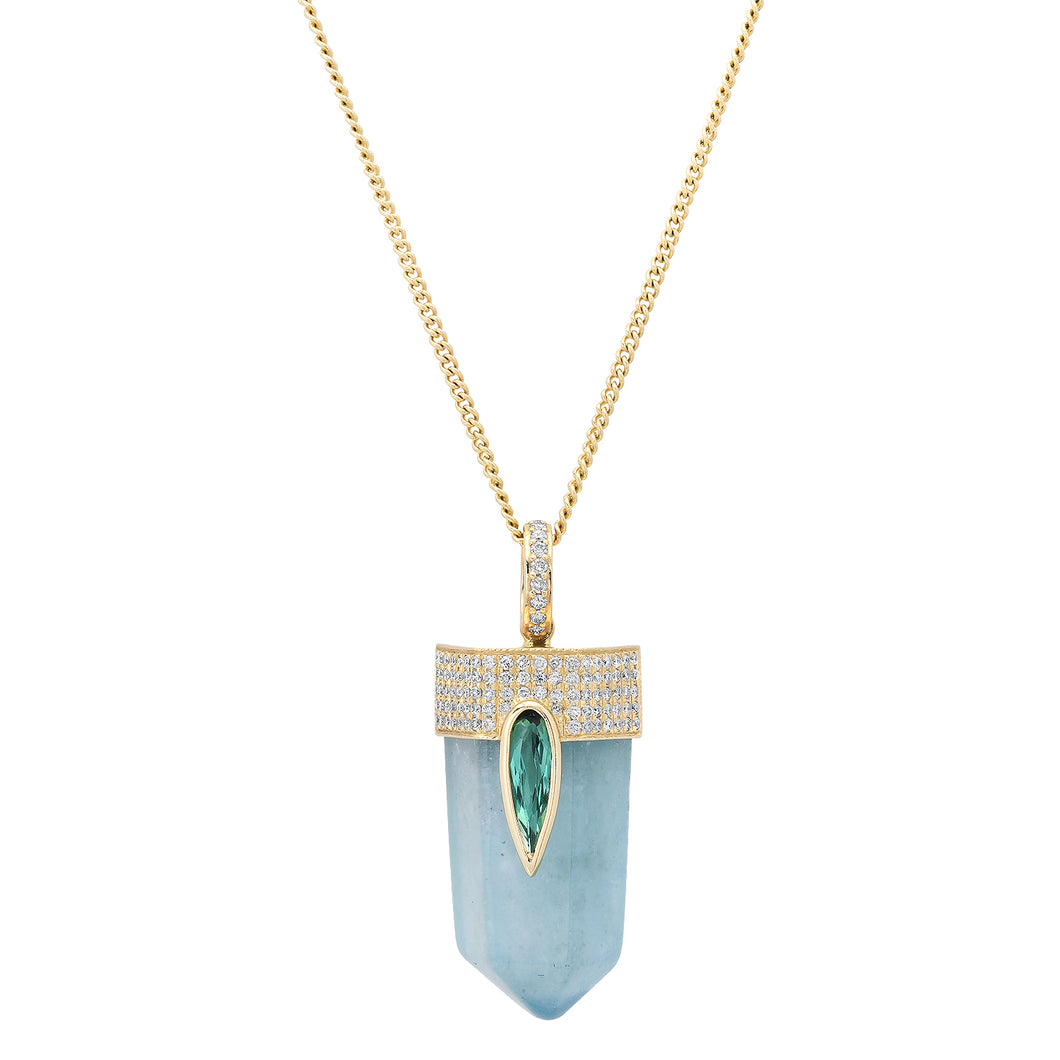 Pave Diamond Large Cap Aquamarine Crystal Charm Necklace with Green Tourmaline