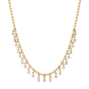 Gold Ball Chain Necklace with Round & Emerald Cut Diamond Shakers