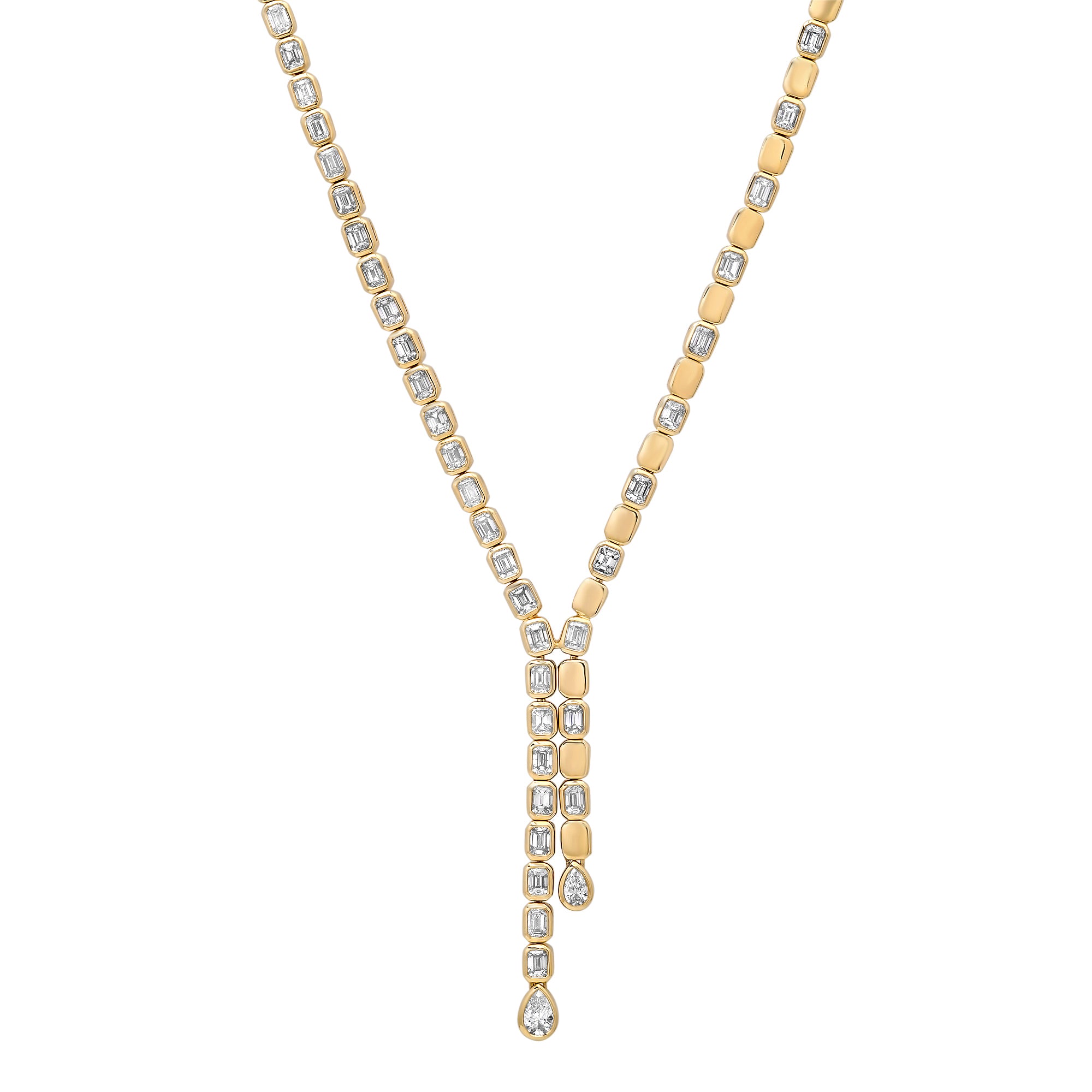Double Drop Emerald Cut Diamond Tennis Lariat Necklace