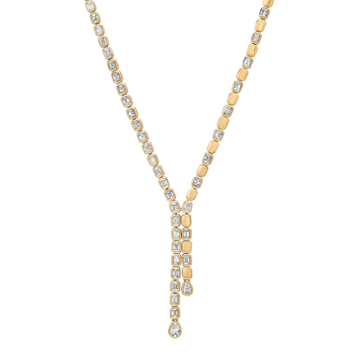 Double Drop Emerald Cut Diamond Tennis Lariat Necklace
