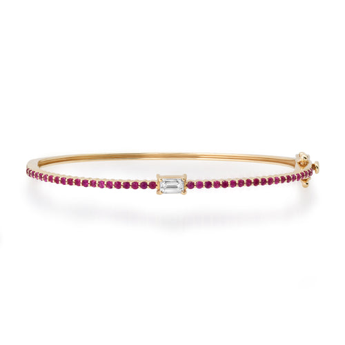 Pave Ruby Bangle Bracelet with Emerald Cut Diamond