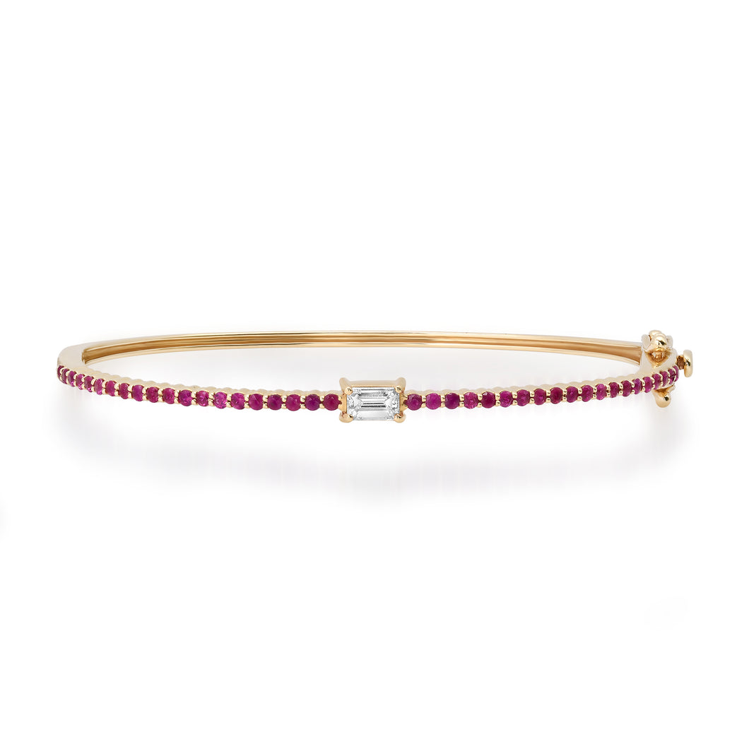 Pave Ruby Bangle Bracelet with Emerald Cut Diamond