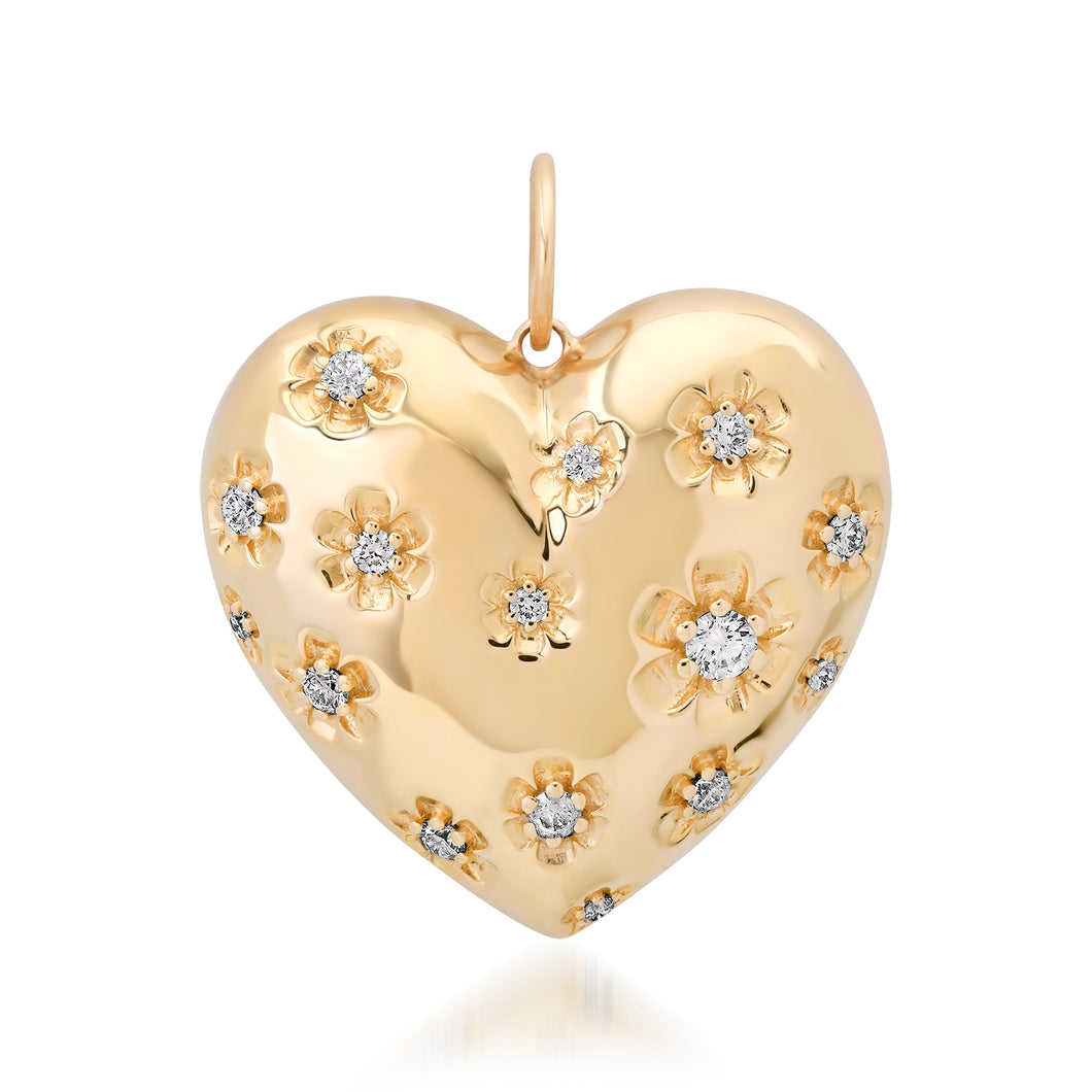 Double Sided Diamond Star of David & Flower Accented Puffy Heart Charm