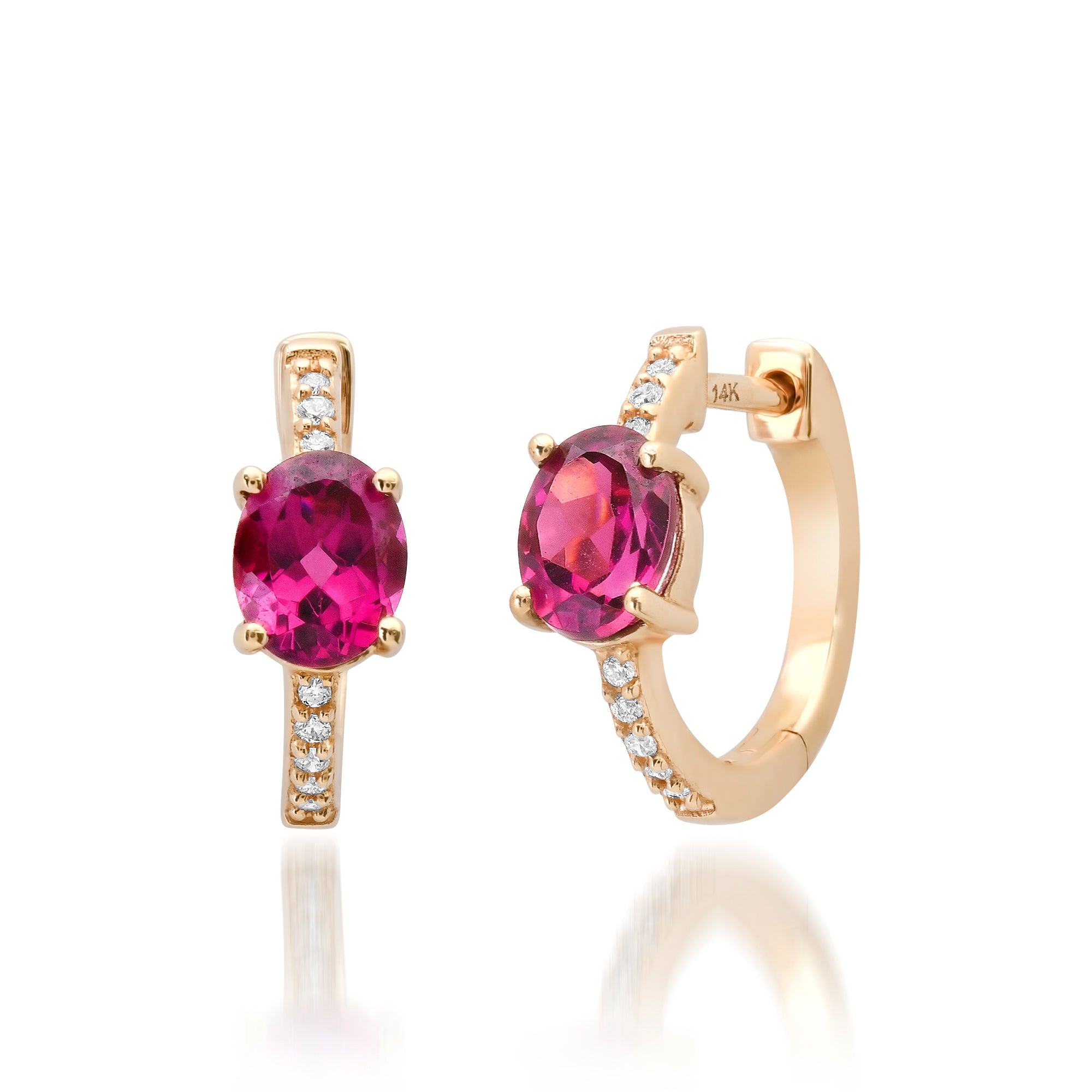 Oval Rhodilite & Pave Diamond Huggie Hoop Earrings