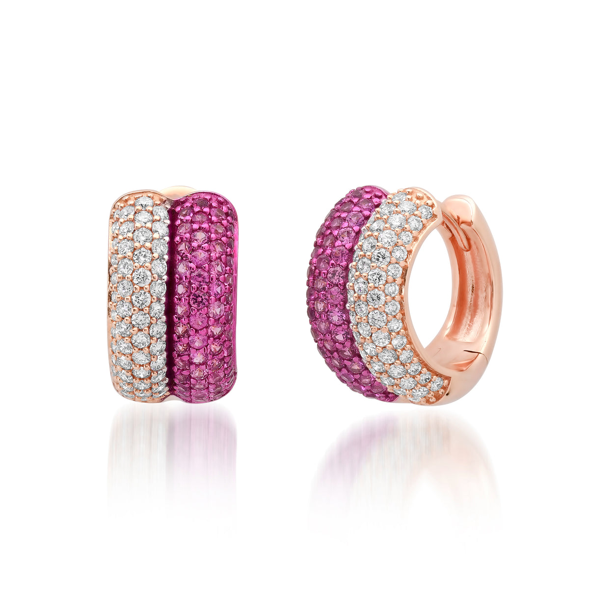Pave Diamond & Pink Sapphire or Black Diamond Double Huggie Hoop Earrings