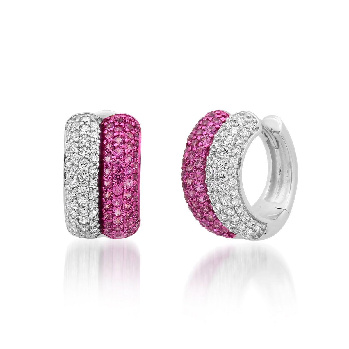 Pave Diamond & Pink Sapphire or Black Diamond Double Huggie Hoop Earrings