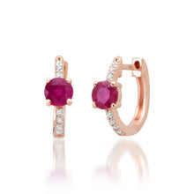 Round Solitaire Ruby & Pave Diamond Huggie Hoop Earrings