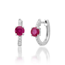 Round Solitaire Ruby & Pave Diamond Huggie Hoop Earrings