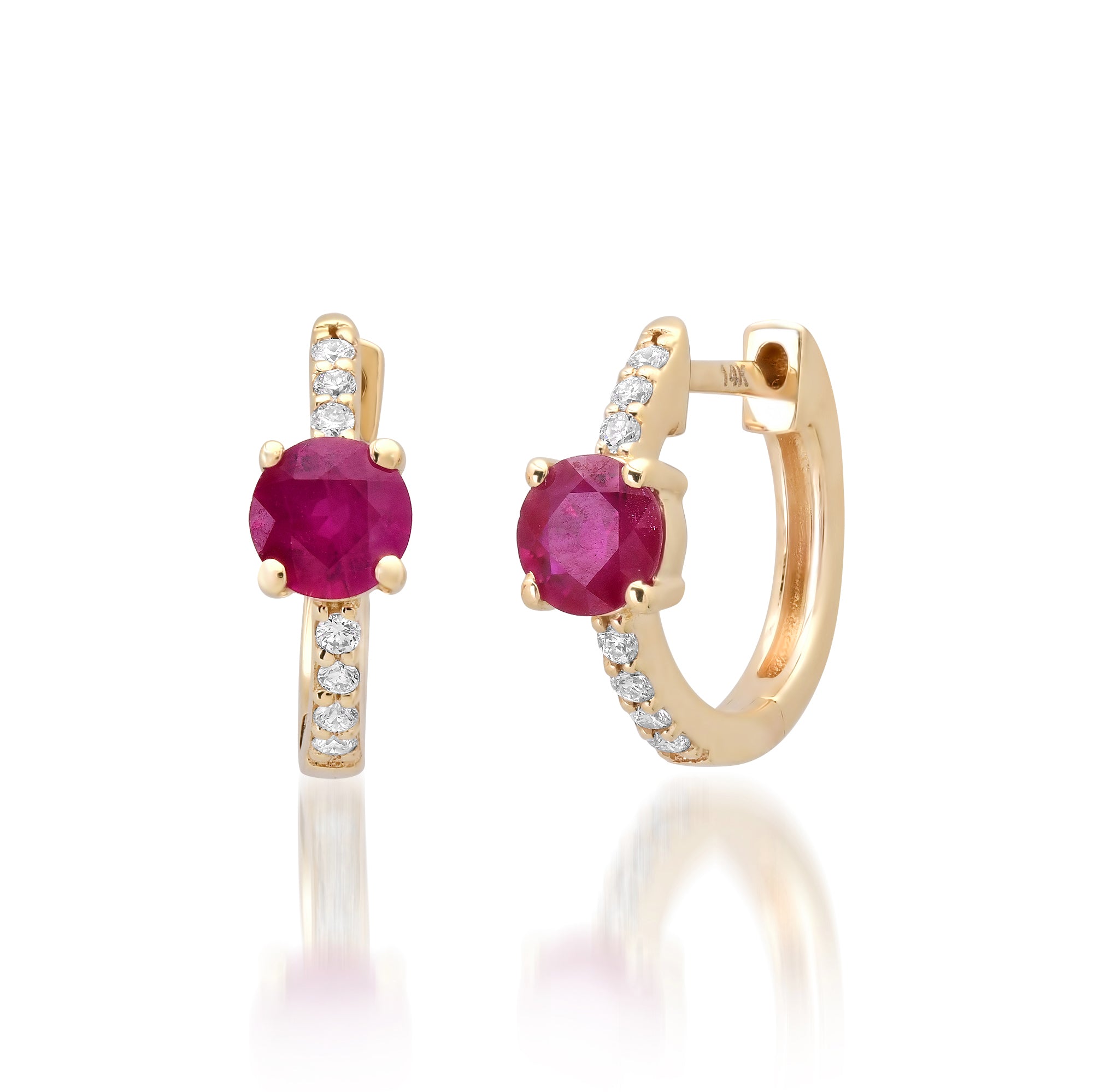 Round Solitaire Ruby & Pave Diamond Huggie Hoop Earrings