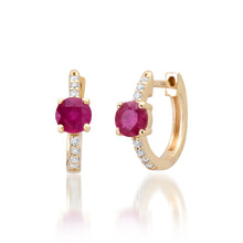 Round Solitaire Ruby & Pave Diamond Huggie Hoop Earrings