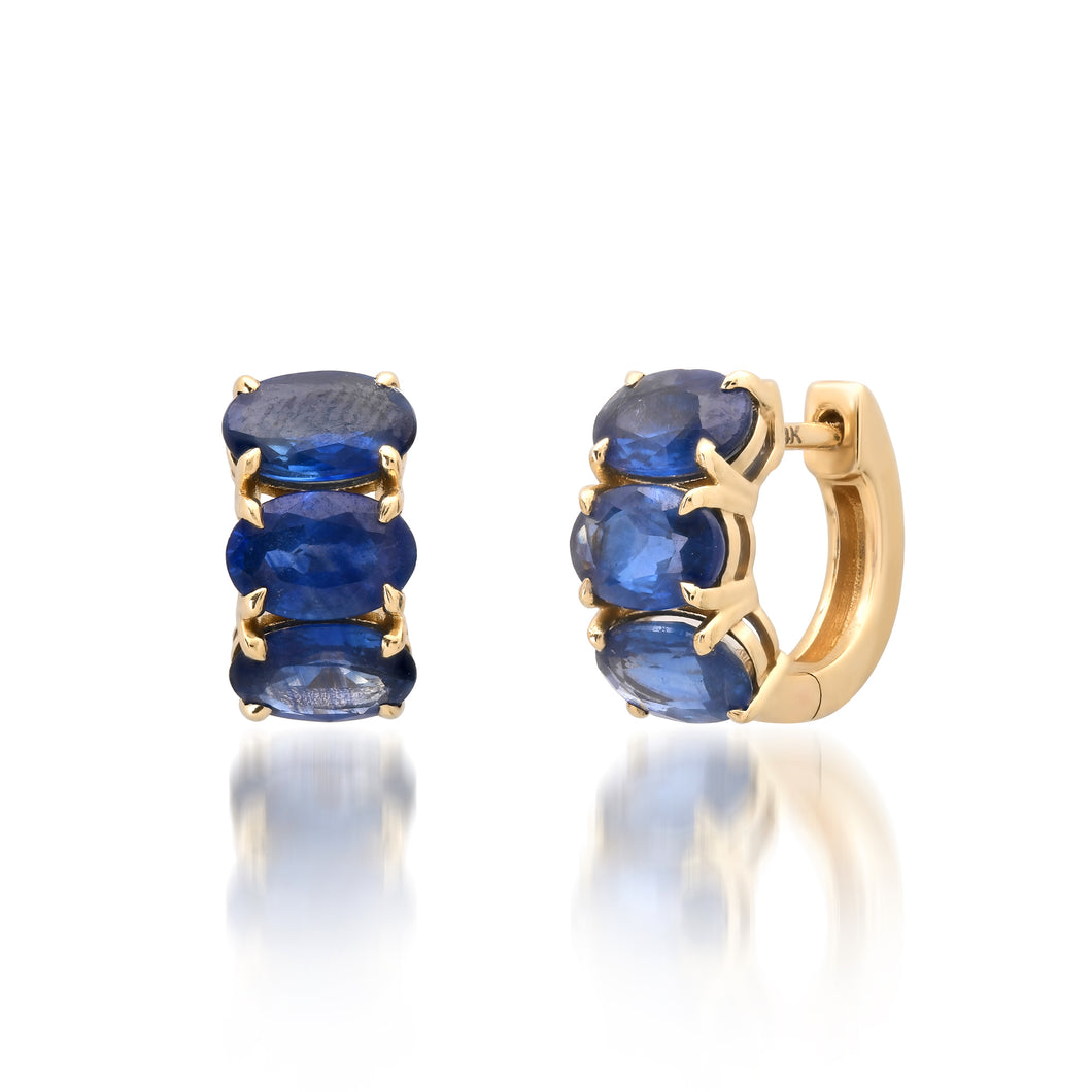 East West Oval Blue Sapphire Huggie Hoop Earrings