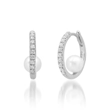 Hanging Inside Pearl Ball & Pave Diamond Huggie Hoop Earrings