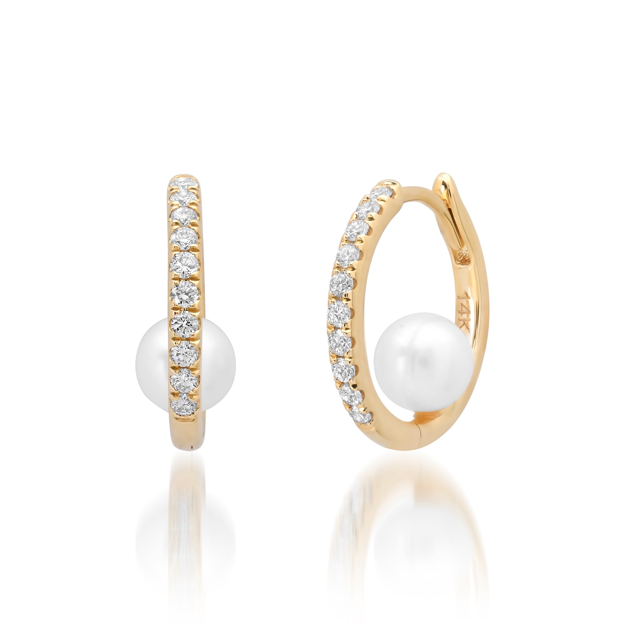 Hanging Inside Pearl Ball & Pave Diamond Huggie Hoop Earrings