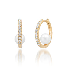 Hanging Inside Pearl Ball & Pave Diamond Huggie Hoop Earrings