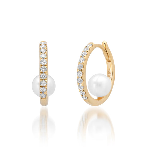 Hanging Inside Pearl Ball & Pave Diamond Huggie Hoop Earrings