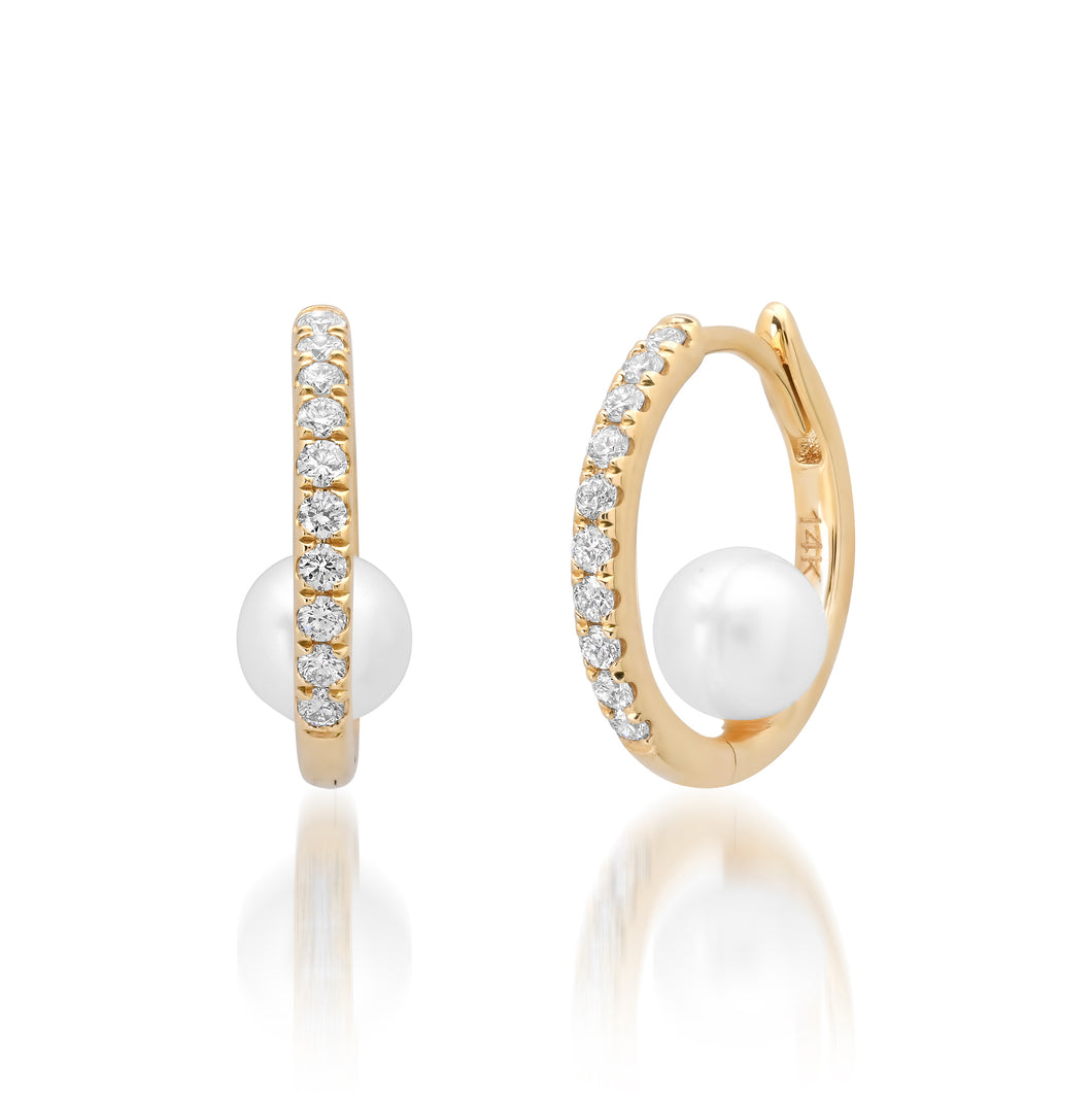 Hanging Inside Pearl Ball & Pave Diamond Huggie Hoop Earrings