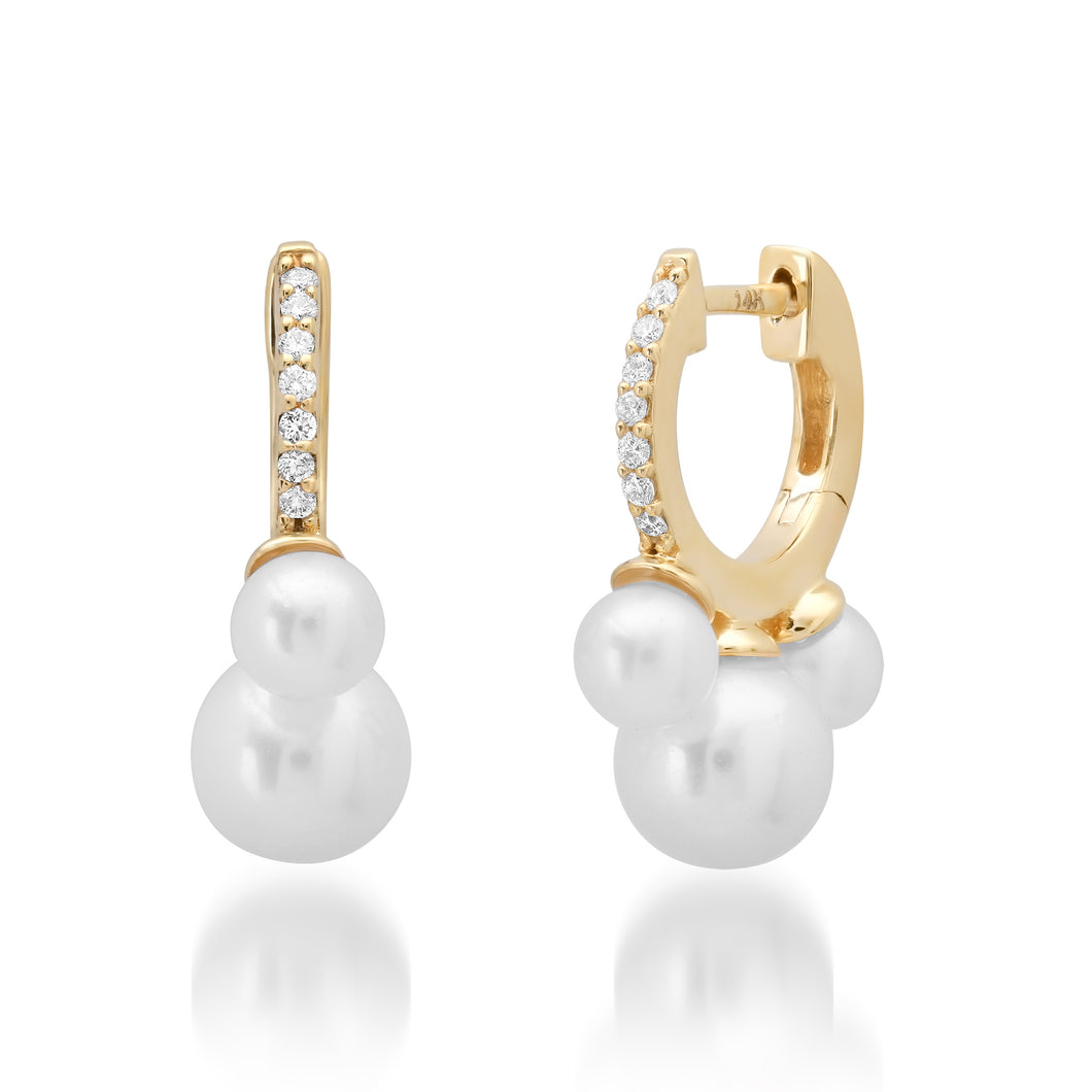 Pearl Trio & Pave Diamond Huggie Hoop Earrings