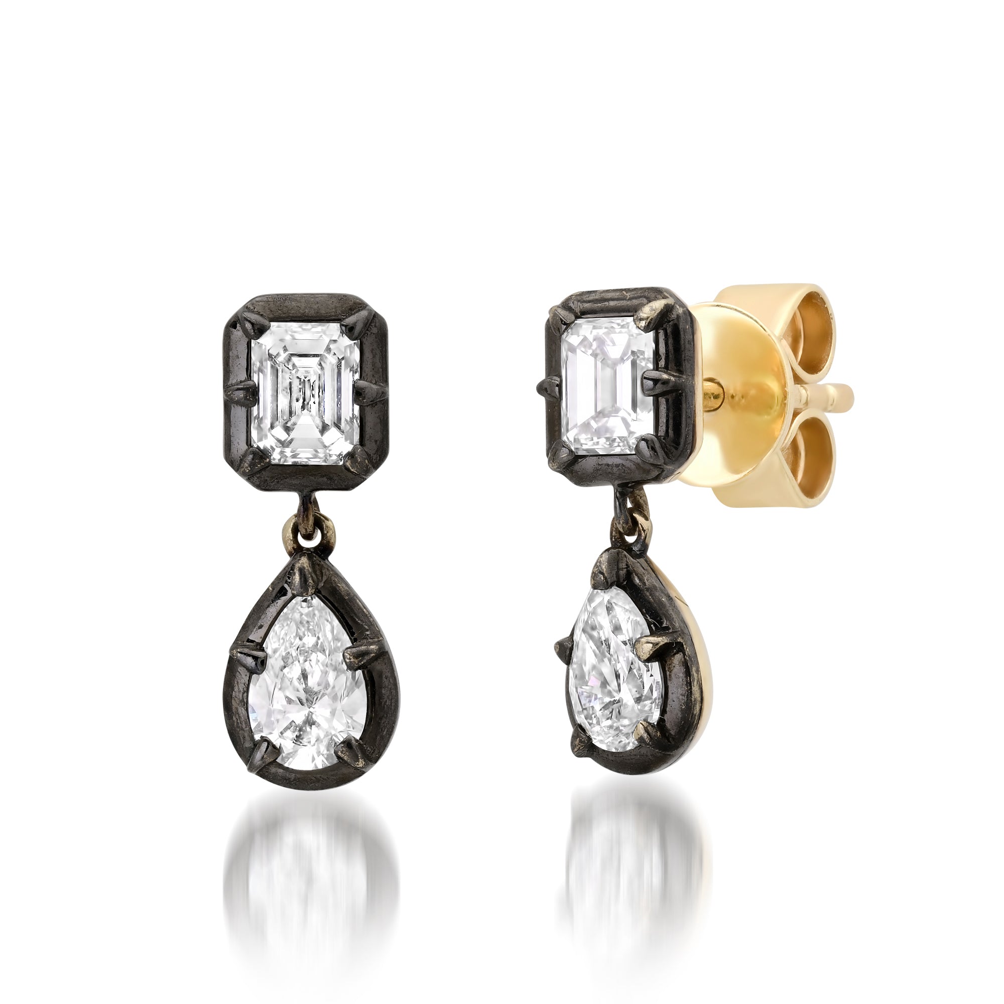 Pear & Emerald Cut Diamond Drop Stud Earrings with Black Rhodium
