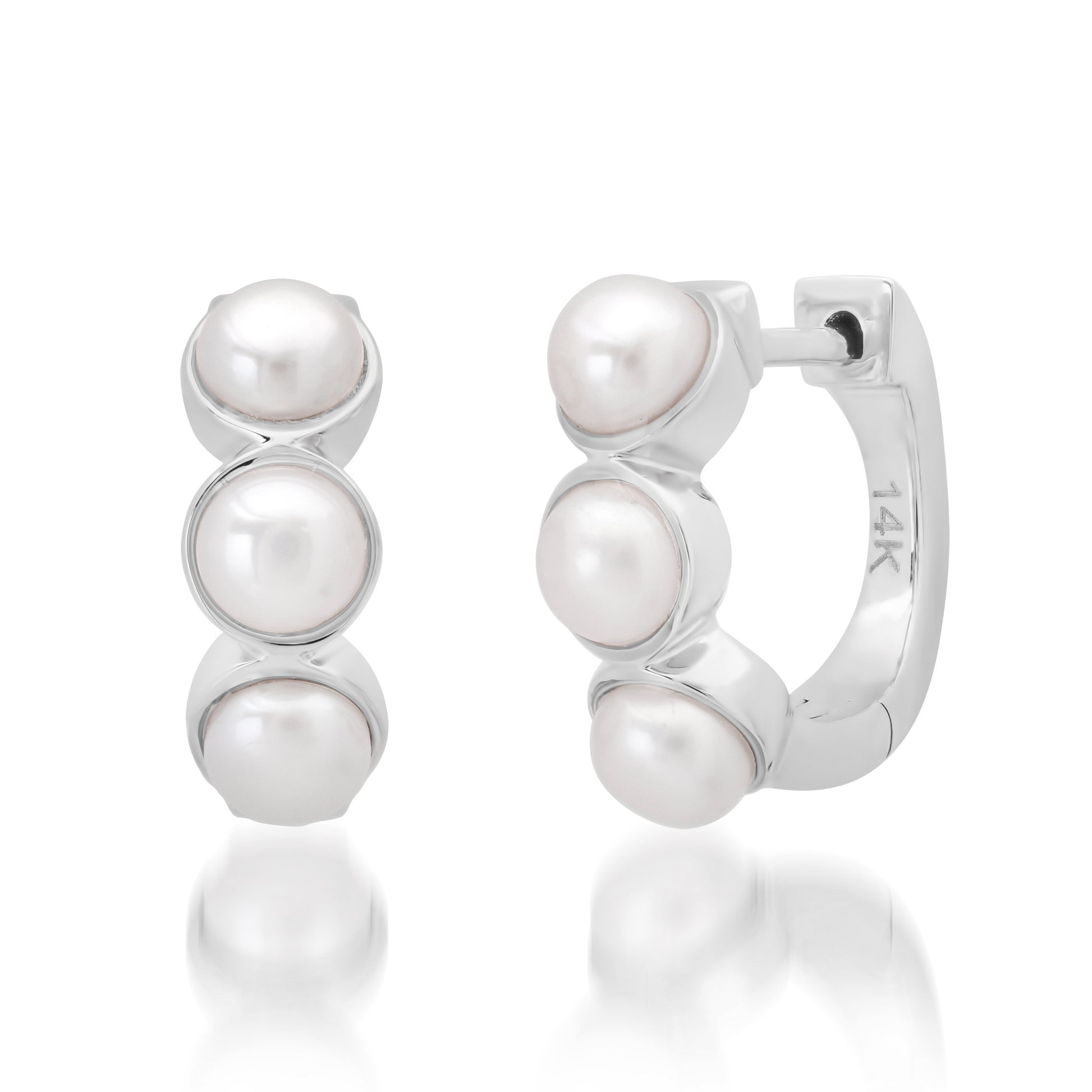 Bold Bezel Set Pearl Huggie Hoop Earrings