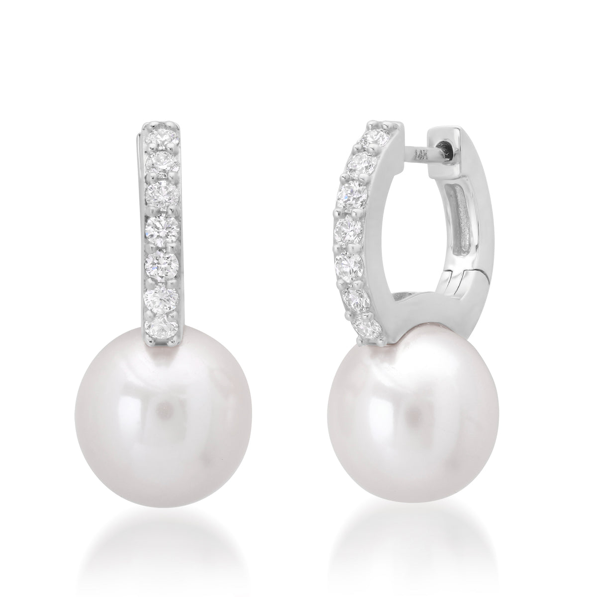 Chunky Pave Diamond & Pearl Ball Huggie Hoop Earrings