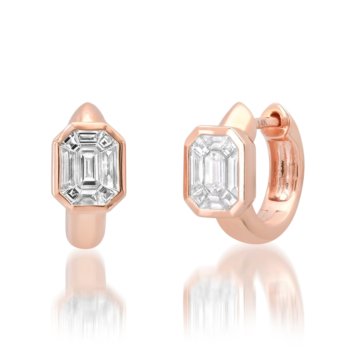 Bezel Set Emerald Cut Illusion Huggie Hoop Earrings
