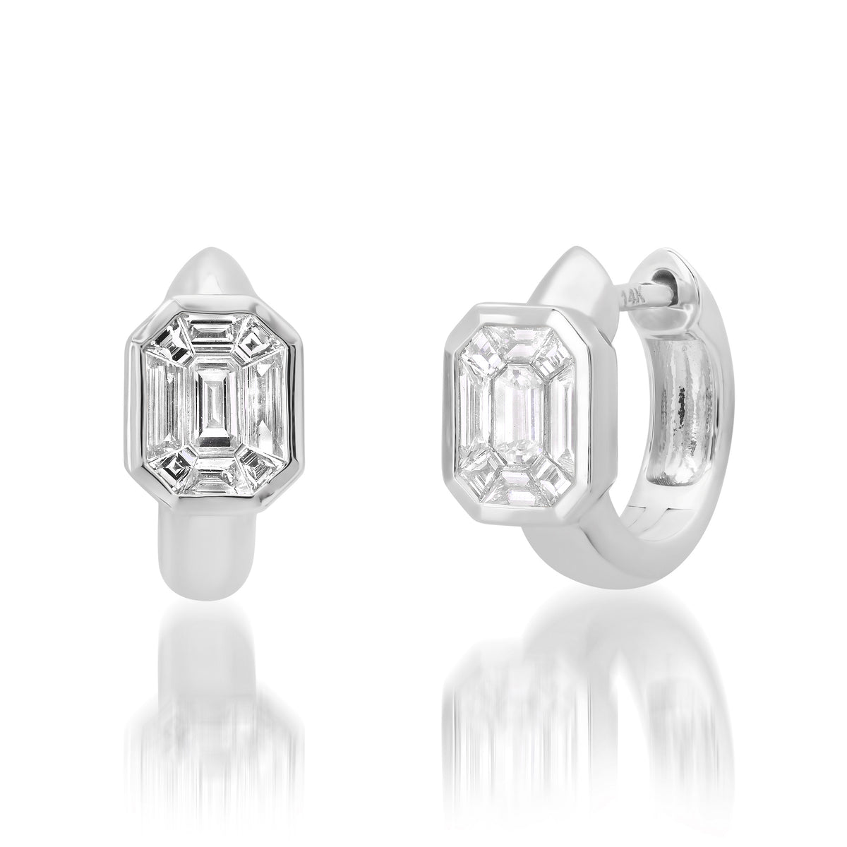 Bezel Set Emerald Cut Illusion Huggie Hoop Earrings