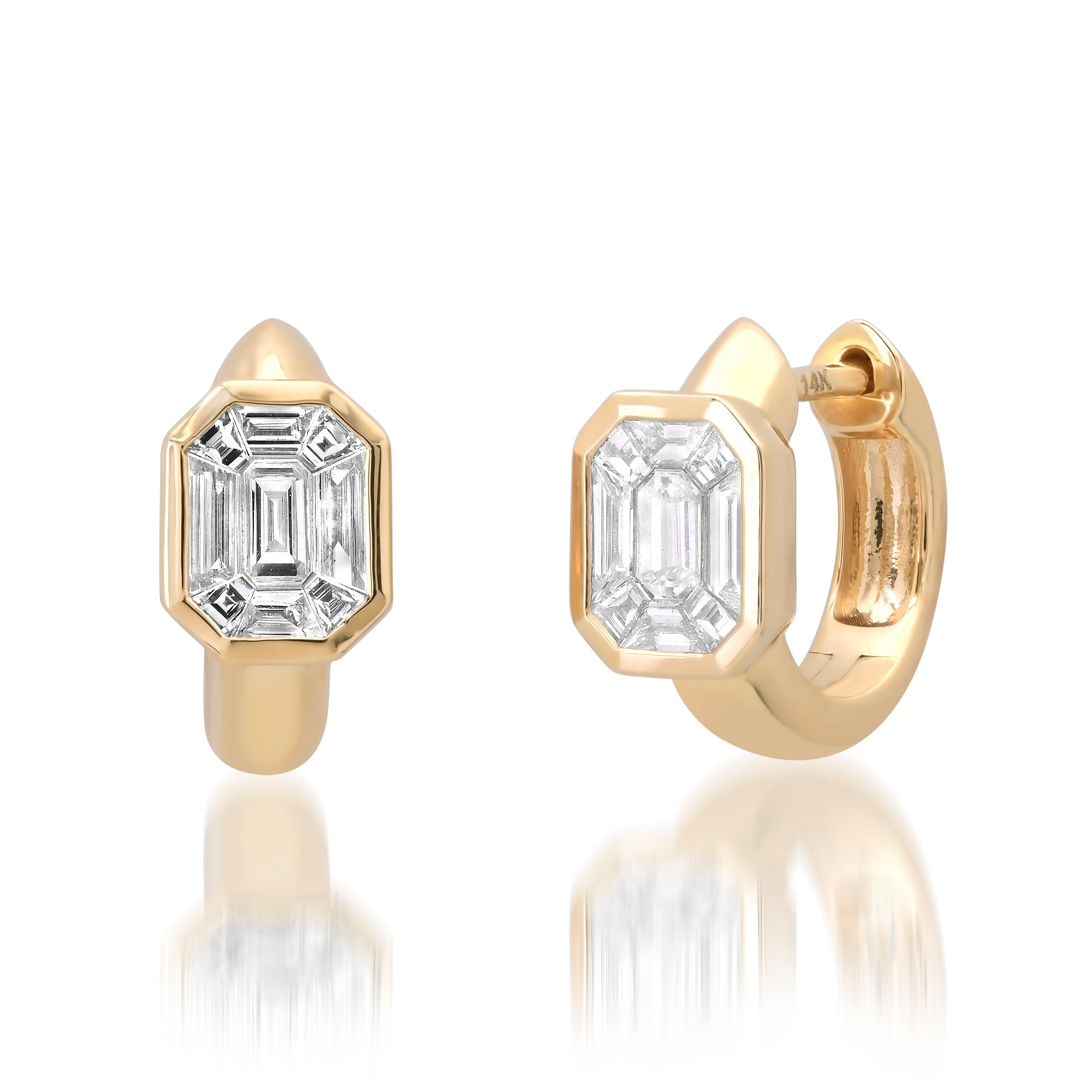 Bezel Set Emerald Cut Illusion Huggie Hoop Earrings