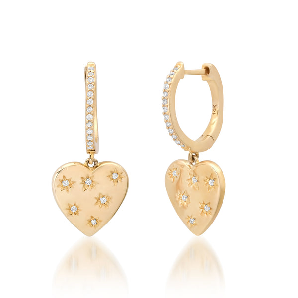Scattered Diamond Huggie Hoop Heart Drop Earrings