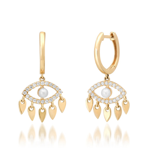 Fringe Evil Eye Dangle Huggie Hoop Earrings