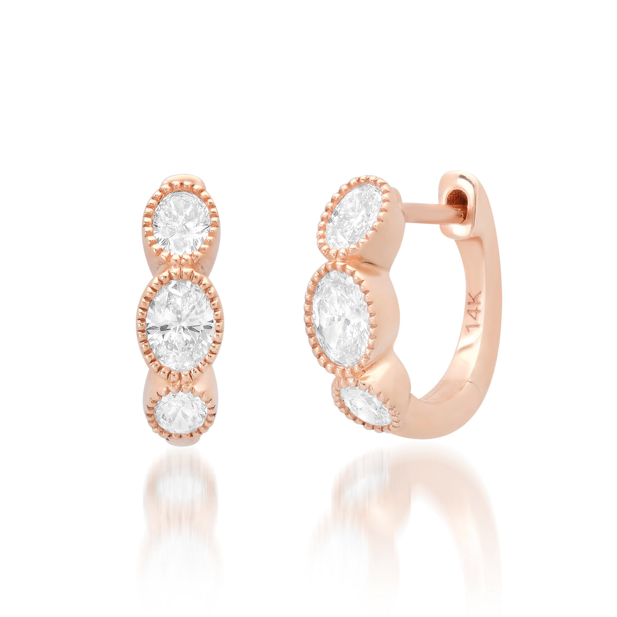 Milgrain Triple Diamond Oval Huggie Hoop Earrings