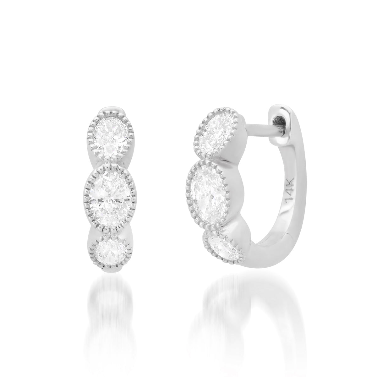 Milgrain Triple Diamond Oval Huggie Hoop Earrings
