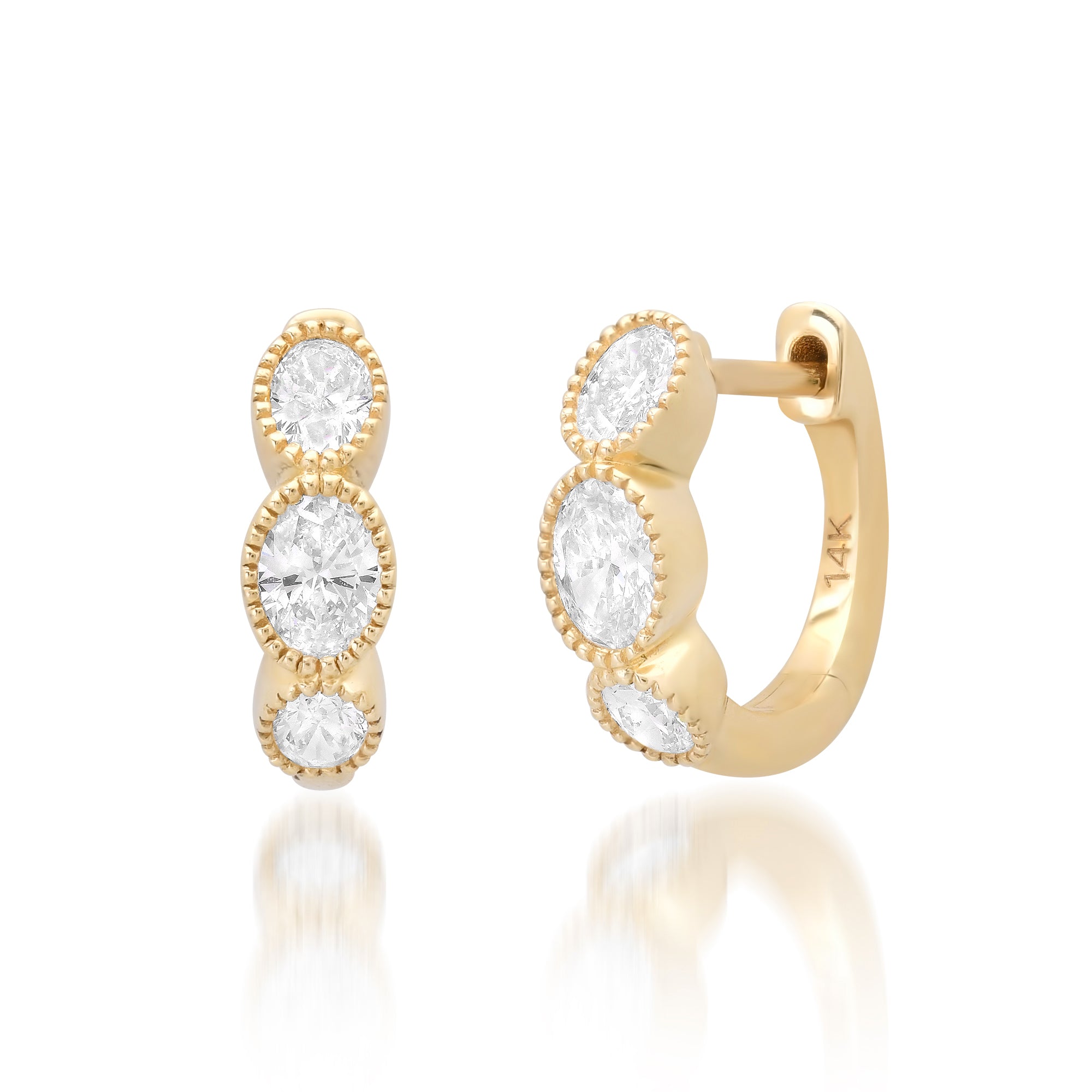 Milgrain Triple Diamond Oval Huggie Hoop Earrings