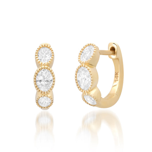 Milgrain Triple Diamond Oval Huggie Hoop Earrings