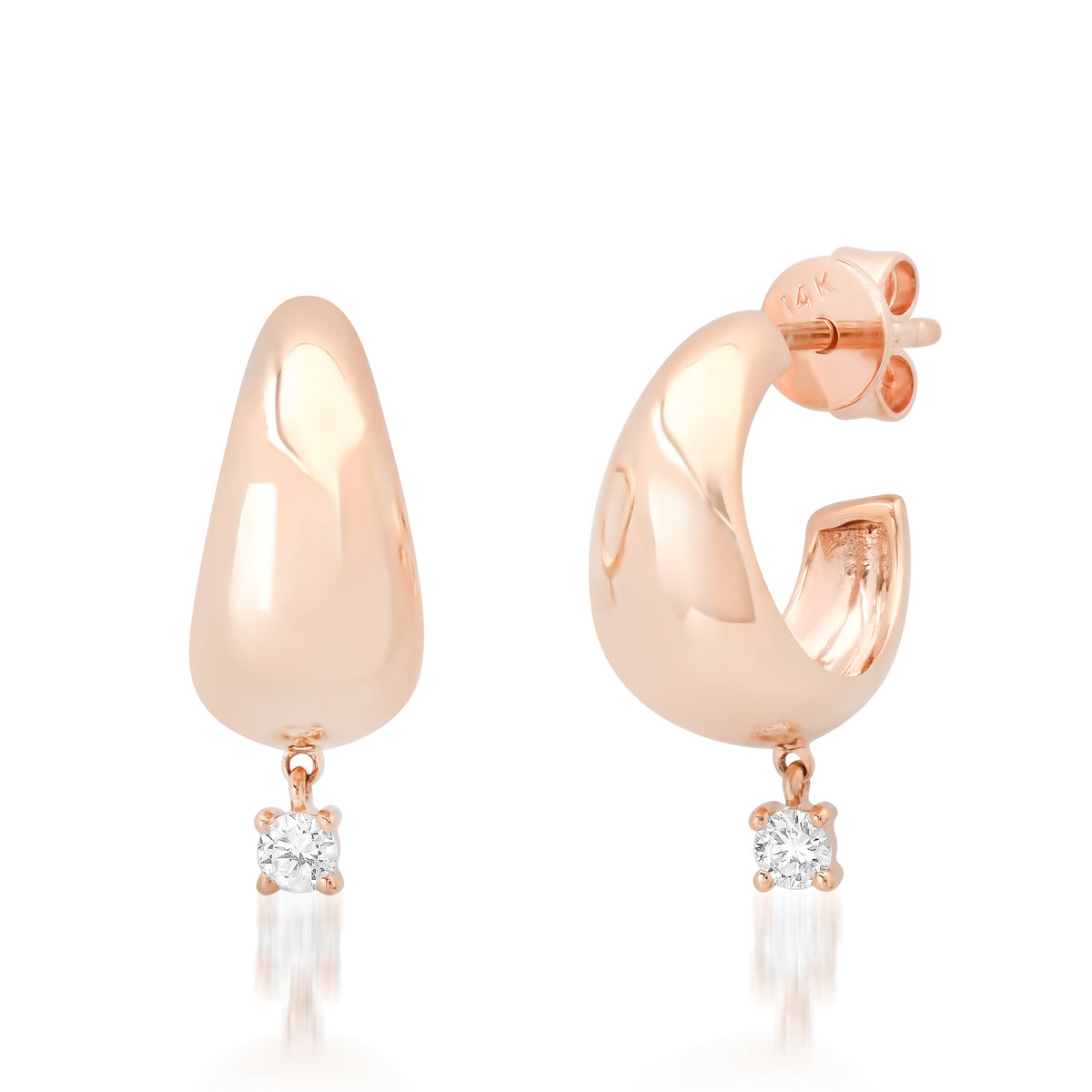 Domed Wide Gold Huggie Hoop Earrings with Diamond Dangle