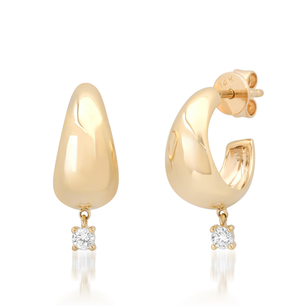 Domed Wide Gold Huggie Hoop Earrings with Diamond Dangle