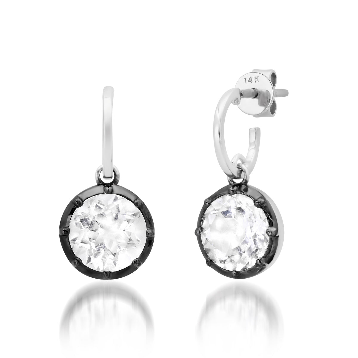 Round White Topaz Drop Earrings with Black Rhodium