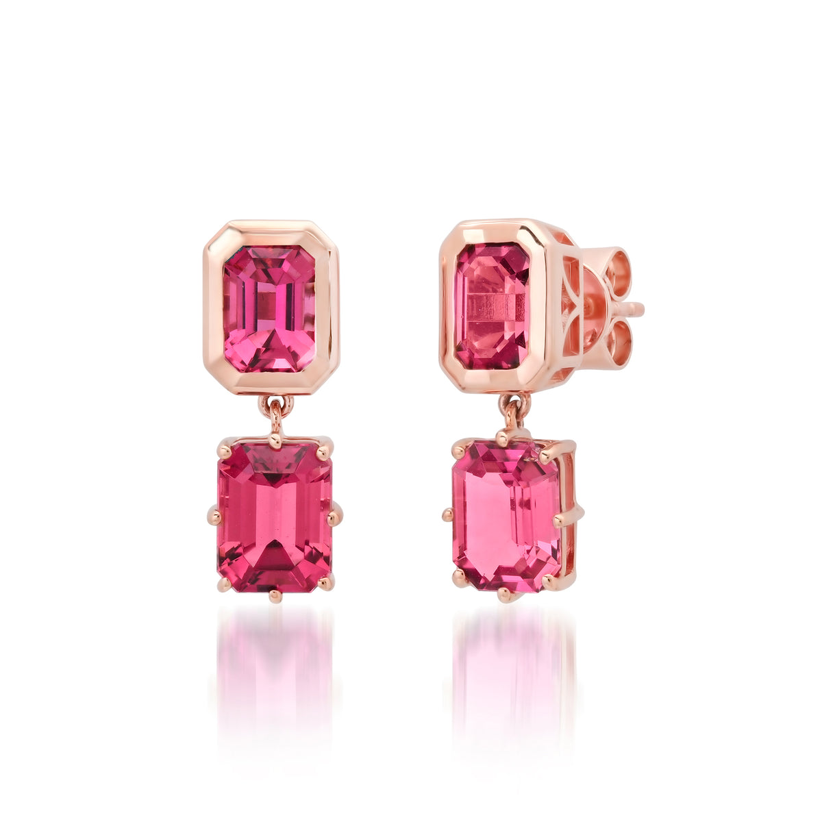 Emerald Cut Pink Tourmaline Double Drop Earrings