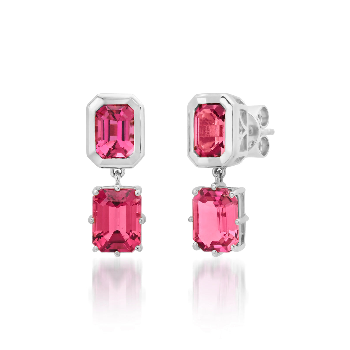 Emerald Cut Pink Tourmaline Double Drop Earrings