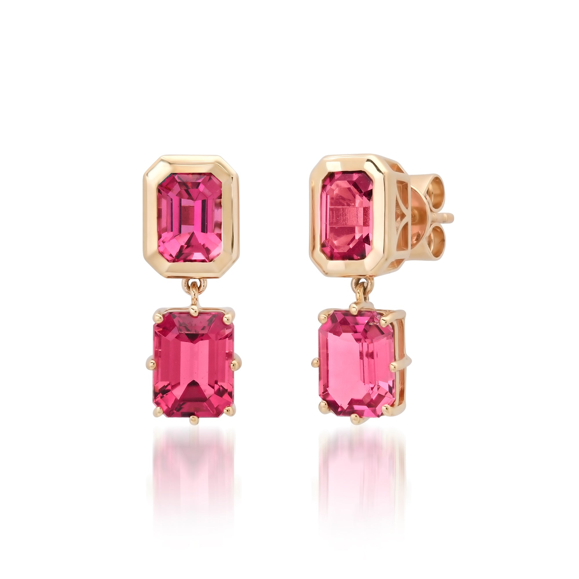 Emerald Cut Pink Tourmaline Double Drop Earrings