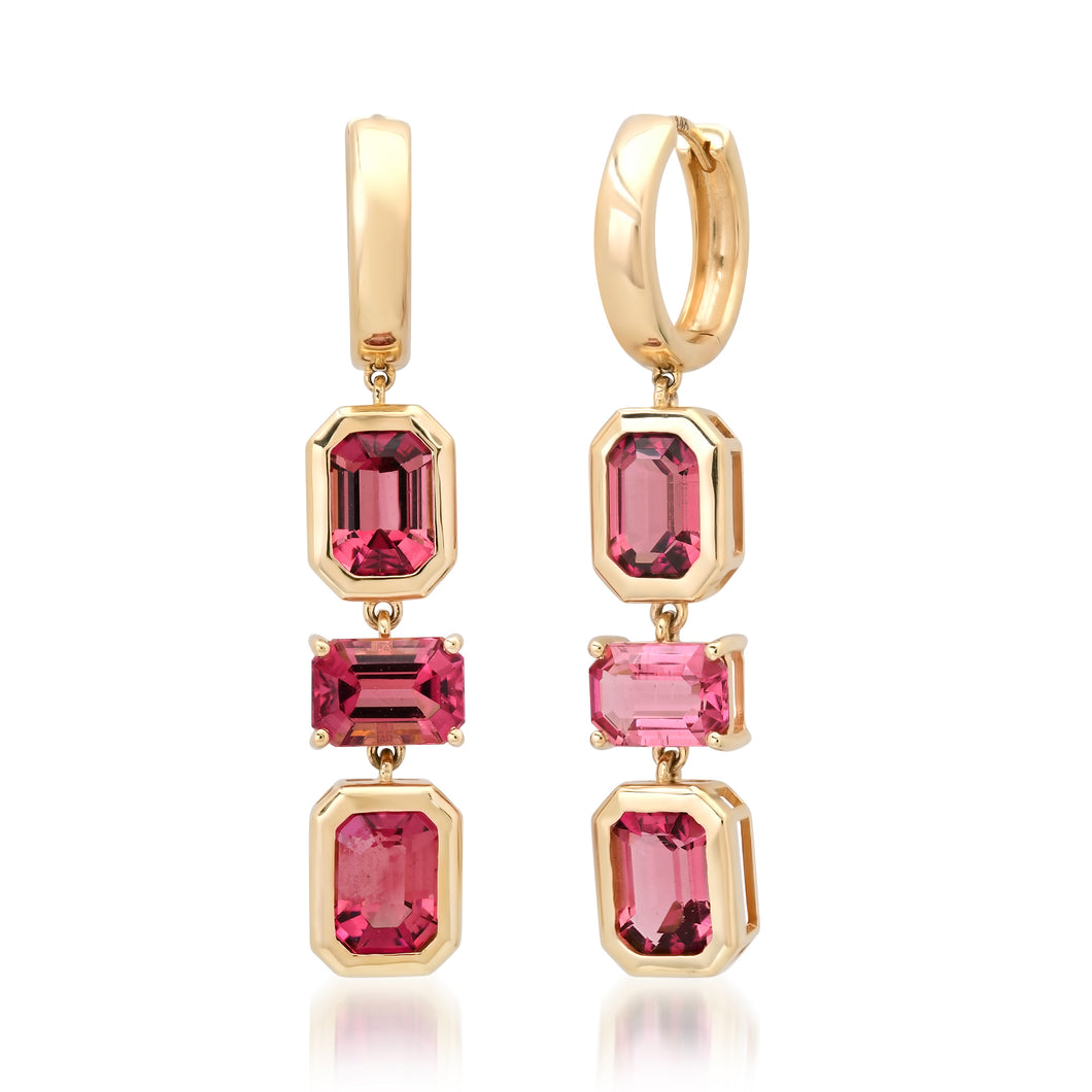 Bezel Set Pink Tourmaline Triple Drop Huggie Hoop Earrings