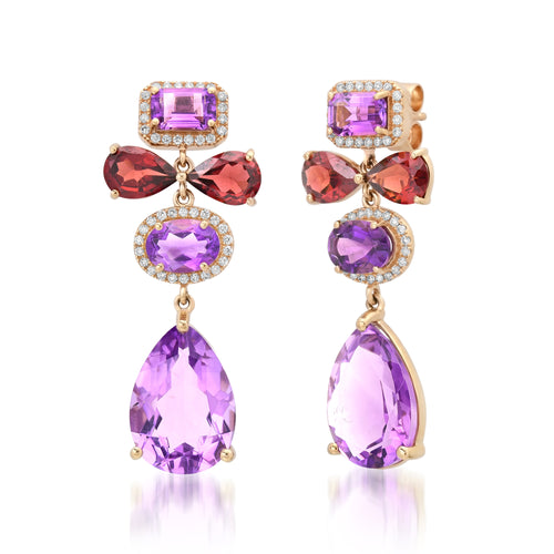 Amethyst & Garnet Multi Shape Drop Earrings with Diamond Accents