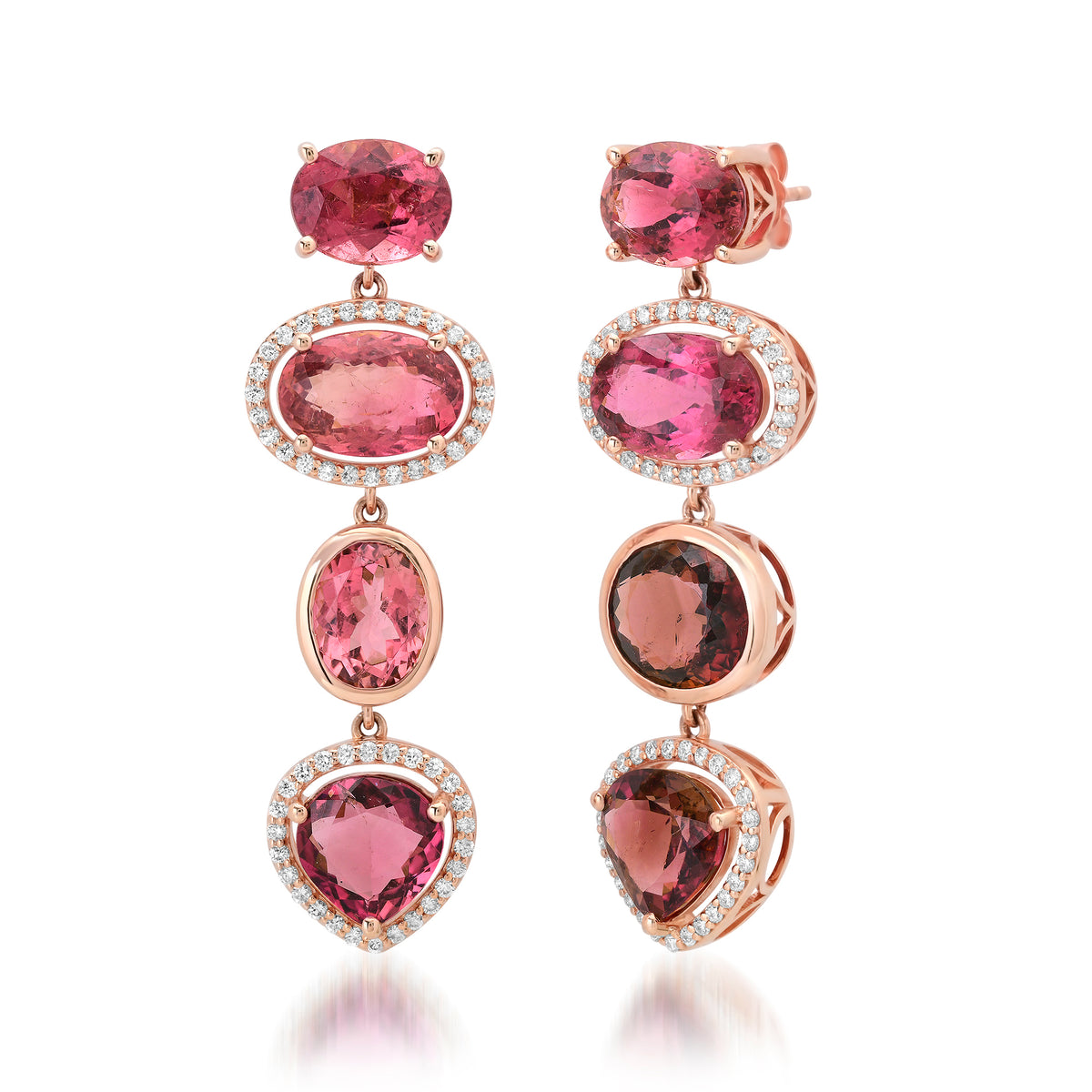 Multi Shape Pink Tourmaline & Diamond Drop Earrings